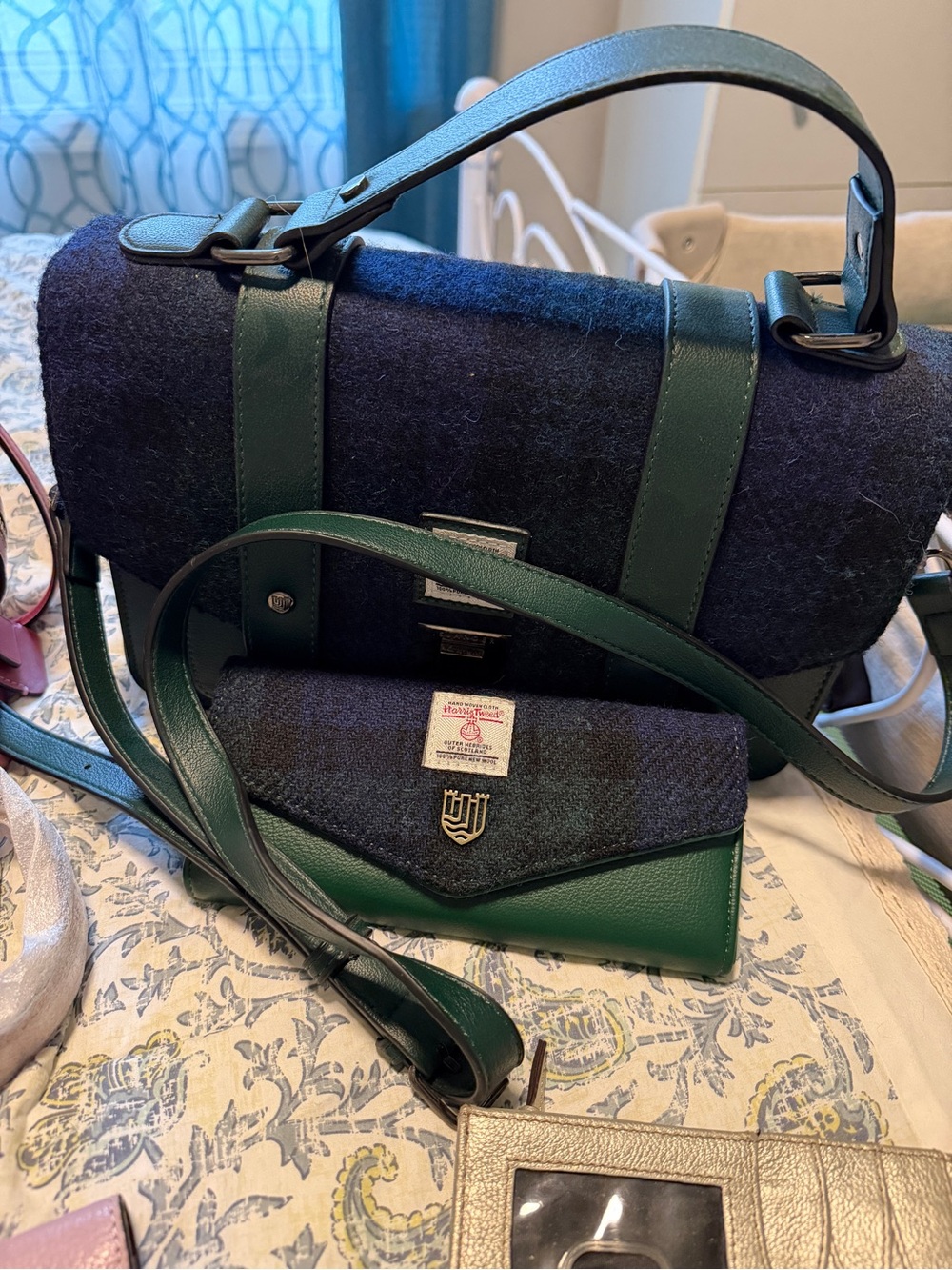 Navy Wool and Forest Green Leather Shoulder Bag by